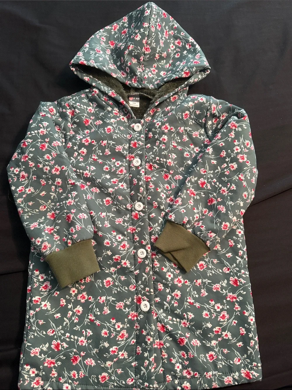 Floral Hooded Quilted Coat - Green with Pink Flowers